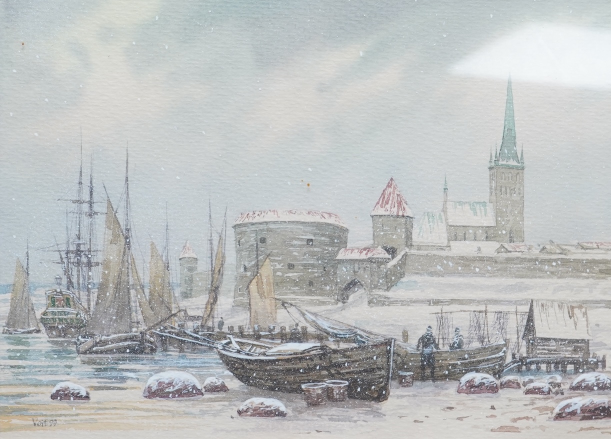 A collection of small Russian watercolours to include: Figures in the snow and palaces, some signed with monogram 'AB', largest 17 x 22cm (8)